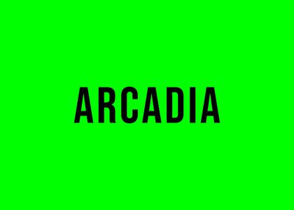 Arcadia in bold black text and green background